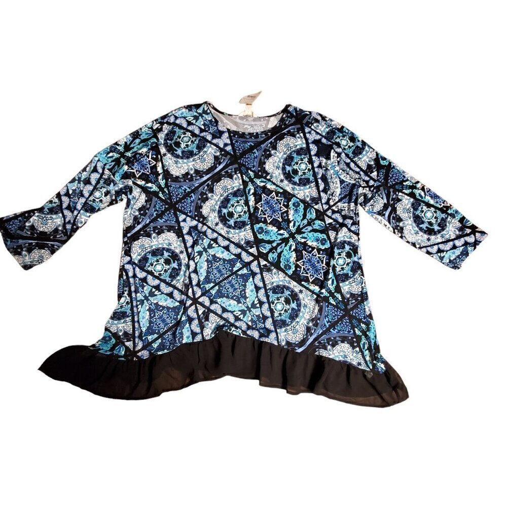 Cato Geometric Abstract Print 3/4 Sleeve Black Ruffle Trim Top Womens 18/20W NWT